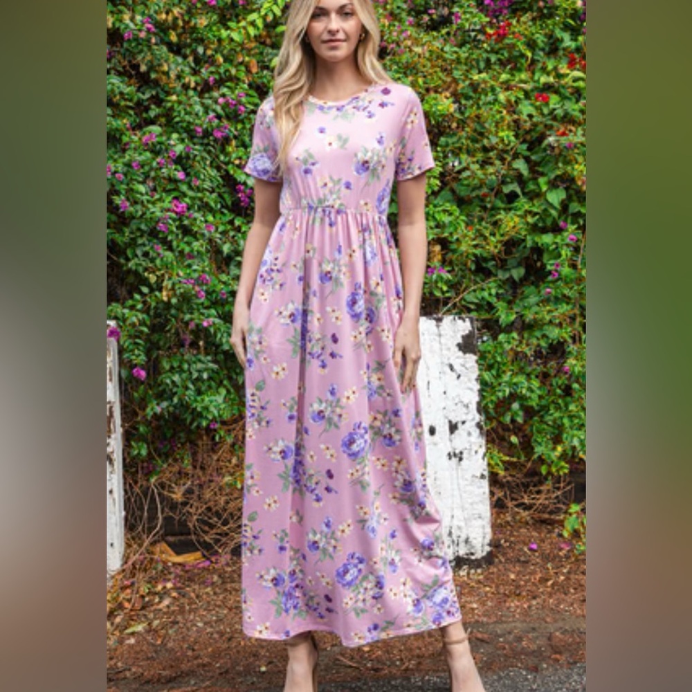 Floral Pink Maxi Dress with Short Sleeves